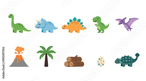 Cute Dinosaur Icons Set: Vector Flat Illustrations for Kids