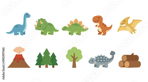 Cute Dinosaur Icons - Flat Vector Art for Kids and Education