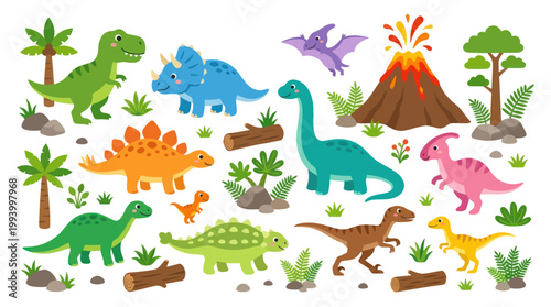 Cute Cartoon Dinosaurs and Volcano - Children's Flat Illustration
