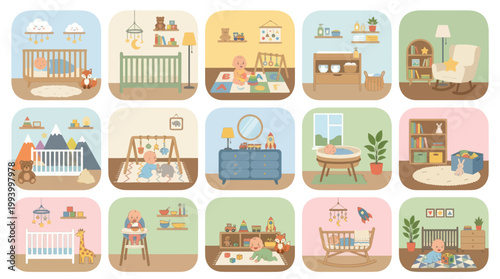 Flat Illustration of Nursery Rooms and Babies, Baby Care Theme