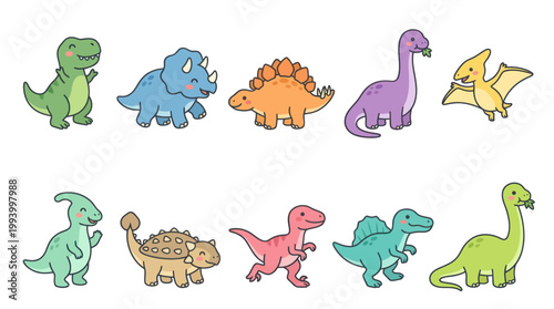 Cute Kawaii Dinosaurs Vector Illustration, Flat Style for Kids