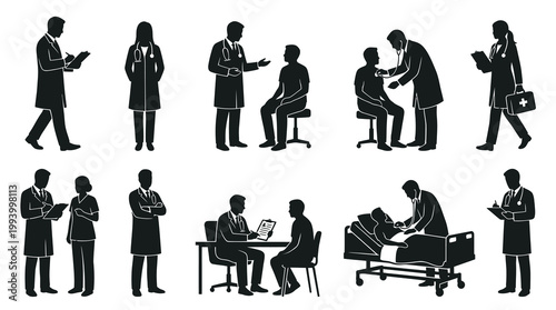 Healthcare Medical Doctors Nurses Patients Glyph Silhouette Icons Vector Set