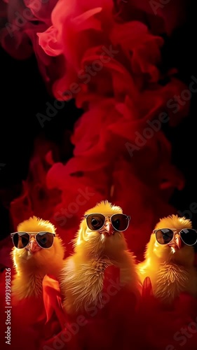 黒背景に広がる赤煙と炎の中でサングラスのひよこ三羽が下部に映える縦動画素材