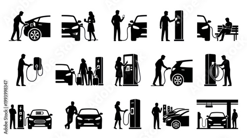 Electric Car Charging Station Icons - Black and White Silhouettes