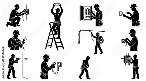 Electrician Silhouette Vector Set: Electrical Workers Performing Installation and Repair Tasks