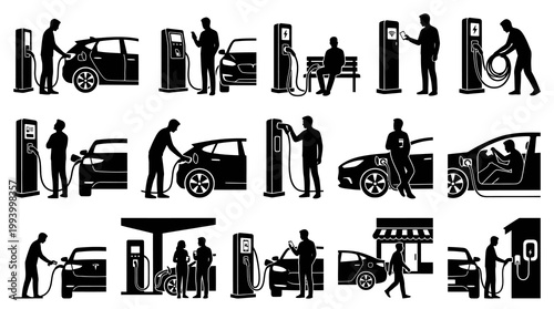 Electric Vehicle Charging Stations Glyph Icons Set. Automotive EV Technology Silhouettes.