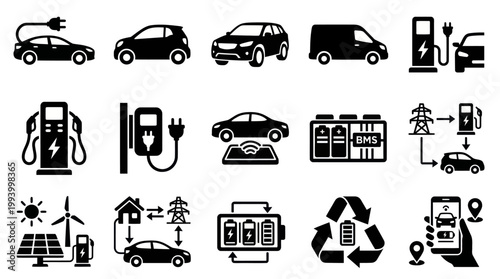 Electric Car Icons: Charging, Battery, Smart Tech, Renewable Energy, Glyph Art