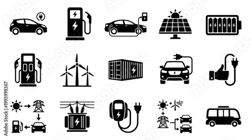 Electric Vehicle Charging Icons - Black  White Glyph Set