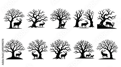 Black and white vector illustration of deer and trees in forest