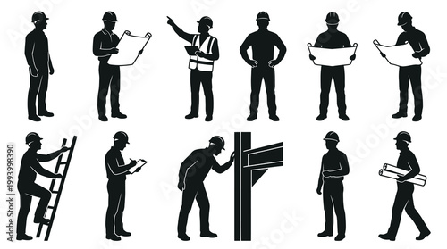 Construction Engineering Workers Silhouette Vector Set with Blueprints and Hard Hats