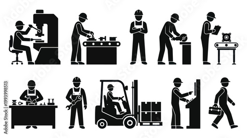 Industrial workers and machinery, glyph icons, manufacturing and production