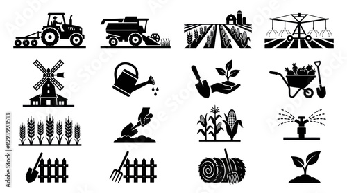 Agriculture Icons - Farming Equipment, Crops, and Tools - Black and White Glyphs