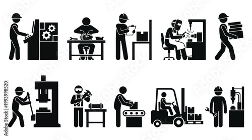 Industrial Workers and Machinery, Black  White Glyph Icons Set