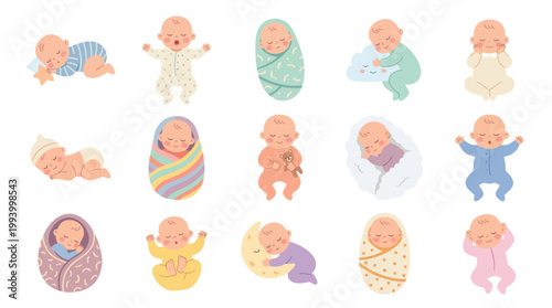 Cute Newborn Babies Flat Vector Illustration Set for Parenting and Childcare Design