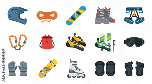 Flat Vector Sports and Outdoor Adventure Equipment Icons Collection