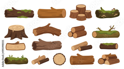 Nature and Forestry: Flat Vector Wood Logs, Tree Stumps, and Timber Illustration Set