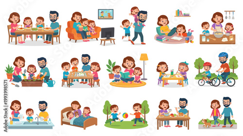Flat Cartoon Happy Family Daily Life Illustration Set - Parents and Children Activities