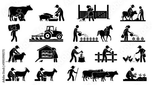 Agriculture and Farming Activities Glyph Icons Set: Farmers, Livestock, and Crop Cultivation