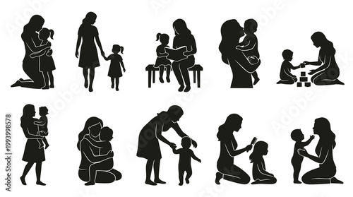Mother and Child Silhouette Vector Illustration Set - Parenting and Family Love Icons