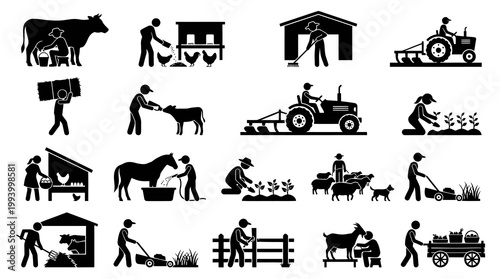 Agriculture Farming Rural Life Glyph Icons Set of Farm Workers, Animals  Equipment Activities