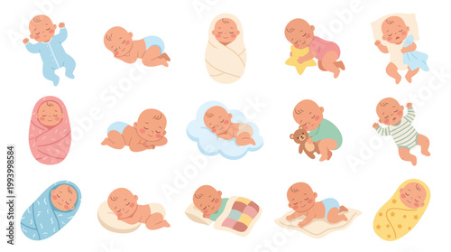 Cute Newborn Baby Illustrations, Flat Style, Vector Art