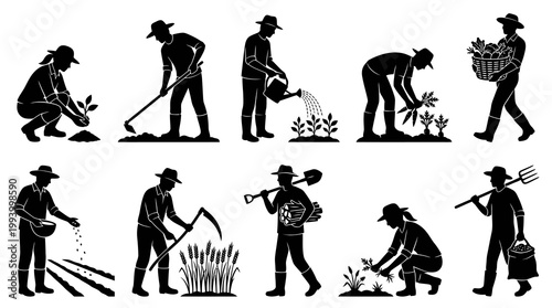 Black and white glyph icons of farmers working in agriculture