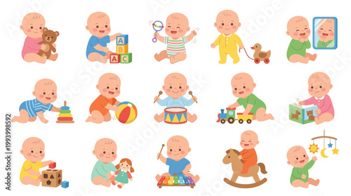 Cute Babies Playing with Various Toys Flat Vector Illustration Set for Early Childhood Development