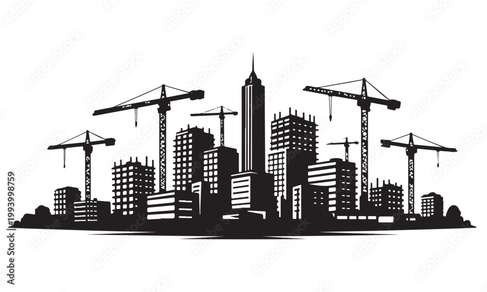 Fototapeta premium Urban Development Silhouette, Silhouette Vector, Isolated on White Background