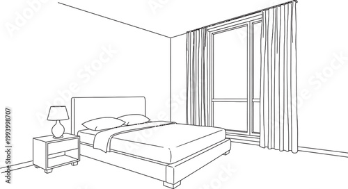 Sketch of a minimalist bedroom interior with bed nightstand and window drapery