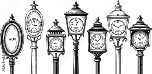 Vintage street lamps collection a black and white engraving of ornate victorian era lighting fixtures