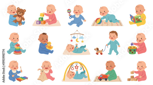 Cute Babies Playing with Toys, Flat Vector Art, Children's Illustrations