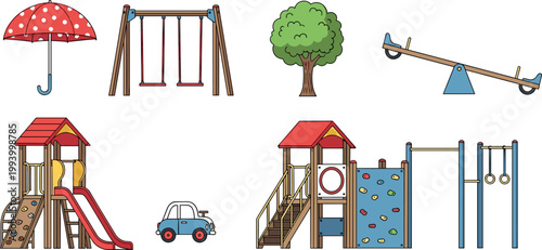 Playground Equipment Icon Set Featuring Slides, Swings, Seesaw, Climbing Frame, Tree, Umbrella, and Kids Play Elements for Park and Outdoor Recreation Design