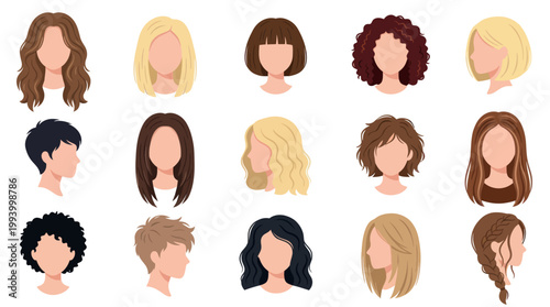 Diverse Hairstyles Collection, Flat Vector Icons, Beauty Industry Asset