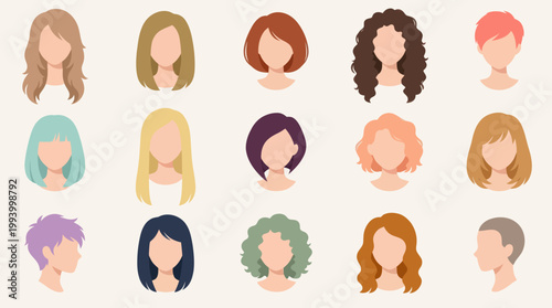 Flat Design Diverse Hairstyles Vector Illustration for Beauty, Fashion  People Concepts