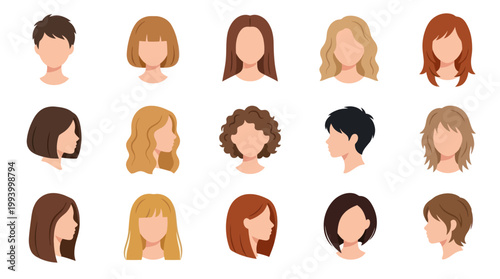 Diverse Hairstyles Collection, Flat Design Vector Icons