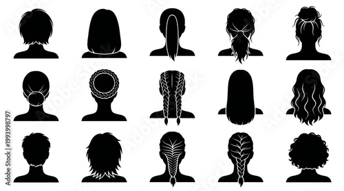 Silhouette icons of women's hairstyles, black and white, vector stock