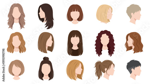 Diverse Hairstyle Collection, Woman Hair Icons, Flat Design
