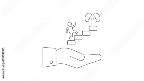 Hand holding stairs with person climbing towards kidney symbol representing healthcare progress.