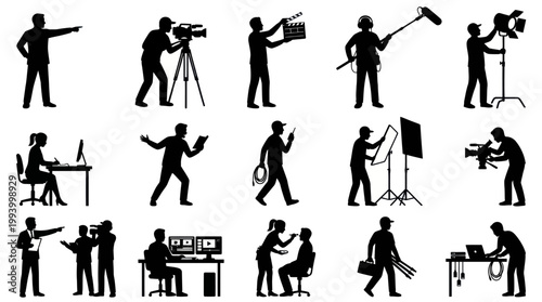 Film Production Crew Roles Silhouette Icons Set