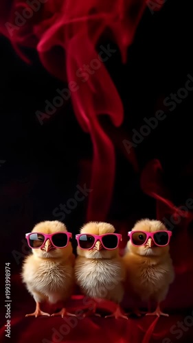 下部構図のひよこ三羽とサングラスが際立つ赤煙と黒背景の炎演出縦動画素材