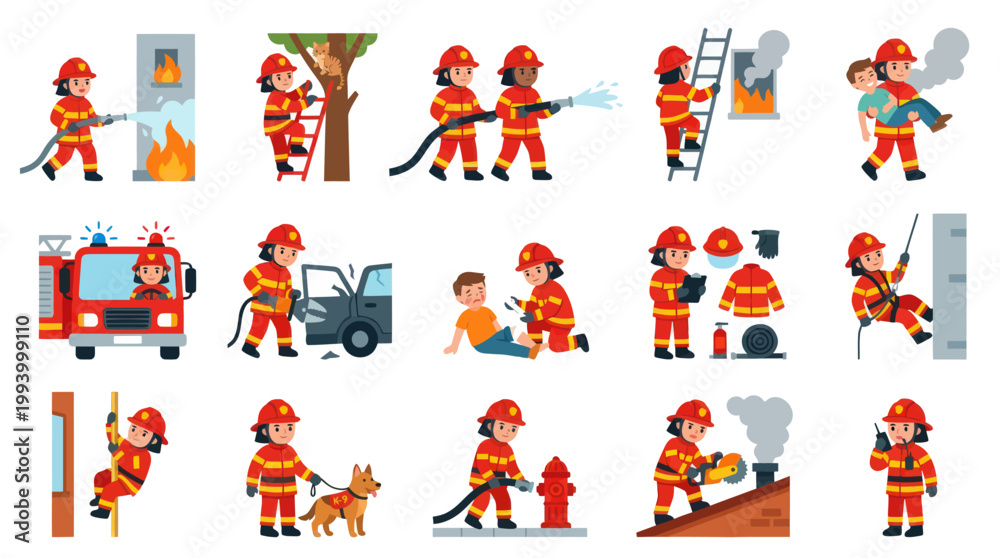 Fototapeta premium Firefighters fighting fire, rescuing people, with truck, dog, and equipment