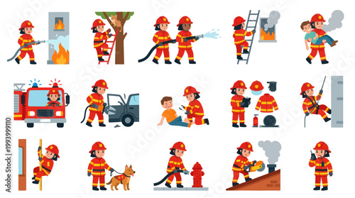 Firefighters fighting fire, rescuing people, with truck, dog, and equipment