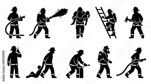 Firefighting Emergency Services Firemen Silhouette Glyph Vector Icon Set with Various Actions