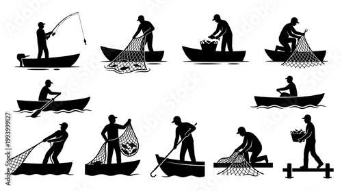 Fishing Industry Silhouette Icons: Fishermen with Rods, Nets, Boats, and Catch