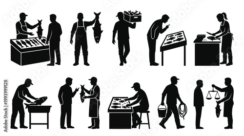Fishing Industry and Seafood Market Silhouettes: Fisherman, Seller, Buyer Glyphs