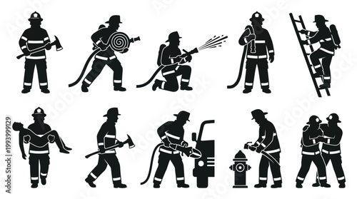 Firefighter Silhouettes: Emergency Services, Rescue, Equipment, Action