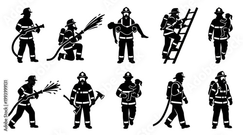 Firefighter Silhouettes Icon Set - Emergency Services, Rescue  Equipment Vector Glyphs
