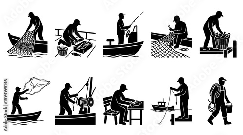 Fishing Industry Fishermen Catching Fish Silhouette Vector Icons Set