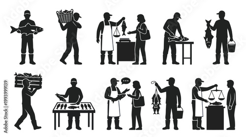 Fishermen silhouettes with fish and scales, black and white glyph art