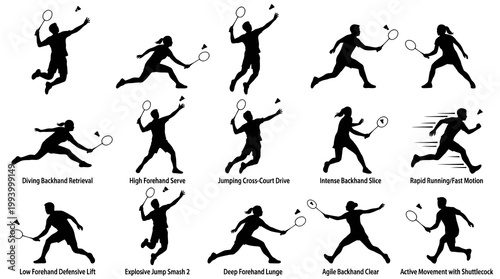 Badminton Player Silhouettes: Actions and Movements, Vector Art